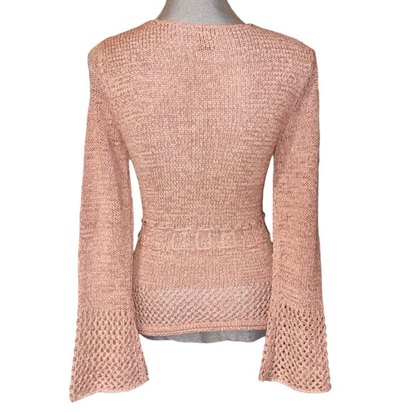 Ashaqi Blush Pink Knit Tie-Waist Bell-Sleeve Sweater - Picture 5 of 8